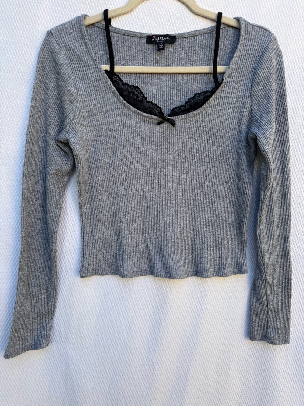 Mixed Thread Los Angeles Grey Ribbed Lace Trim Long Sleeve Top
